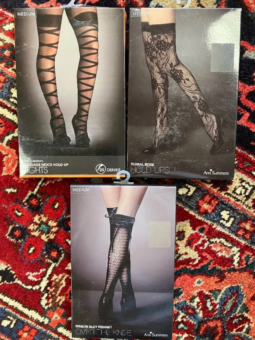 NEW 3 Pairs Ann Summers Tights Hold Ups - UK Medium - Fishnet, Floral & Bondage